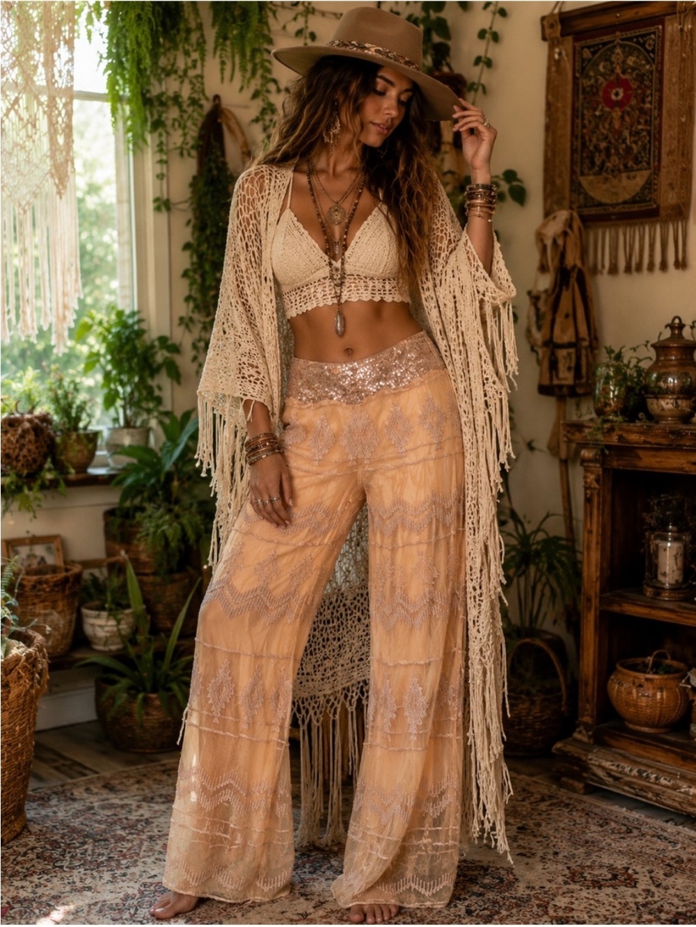 Boho Peach Lace Wide Leg Pants with sequin waistband